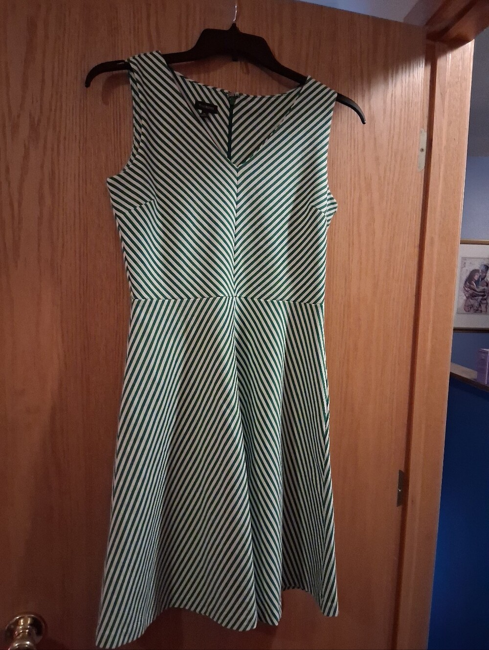 Talbots Fit & Flare  sleeveless Dress.  V-neckline.chevron-style diagonal stripe